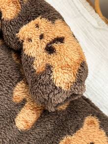 SHEIN Newborn Baby Boy/Girl Cute Furry Cartoon Pattern Hooded Jumpsuit, Autumn/Winter - Brown - View 8