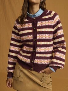 Nöista 复古条纹针织开衫，宽松版型，酒红色/提花面料；非常适合秋冬季叠穿，也可作为女士的圣诞节或秋季服装。 - 彩色 - 查看 4