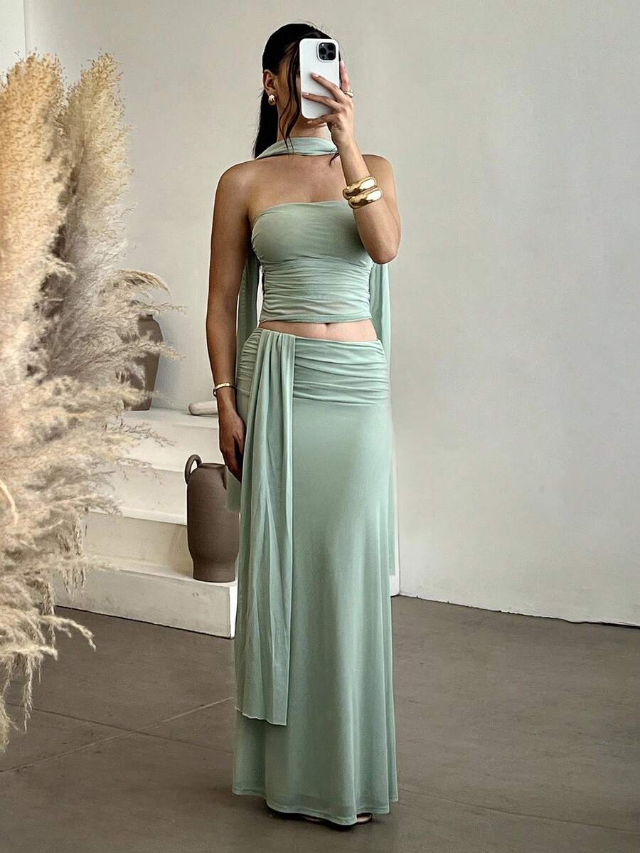 Andrea Bello 2 件套夏季纯粉色短款褶皱吊带背心和低腰褶皱飘逸中长裙，海滩度假装，波西米亚露背连衣裙，女士音乐节服装，伴娘 2 件套 - 薄荷綠 - 查看 1