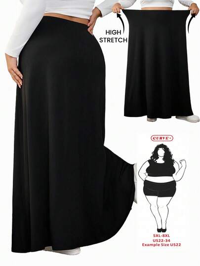 SHEIN CURVE+ Plus Size Women Black High Waist Casual Mid-Length Skirt