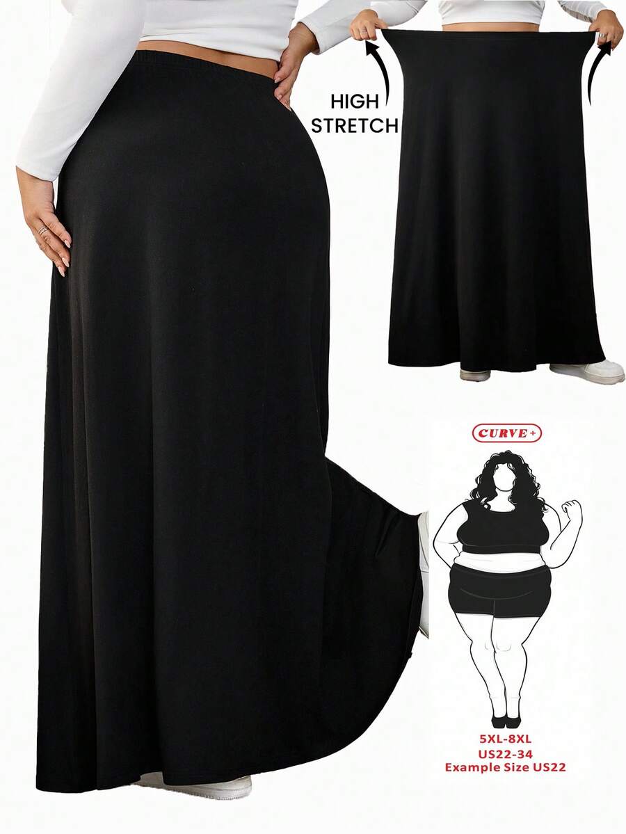 SHEIN CURVE+ Plus Size Women Black High Waist Casual Mid-Length Skirt - Black - View 1