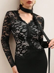 Modelyn 女式蕾丝拼布纹理针织优雅时尚连衣裙 - 黑色 - 查看 7