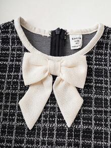 PrepCrw Young Girls Elegant School Style Black Bow Decor Plaid Round Neck Long Sleeve Dress, Back-To-School, Winter, Autumn, 7th Birthday Baby Shower - Black and White - View 5