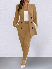 Elenzga 大码时尚商务双排扣西装套装（夹克和裤子） - 卡其色 - 查看 3