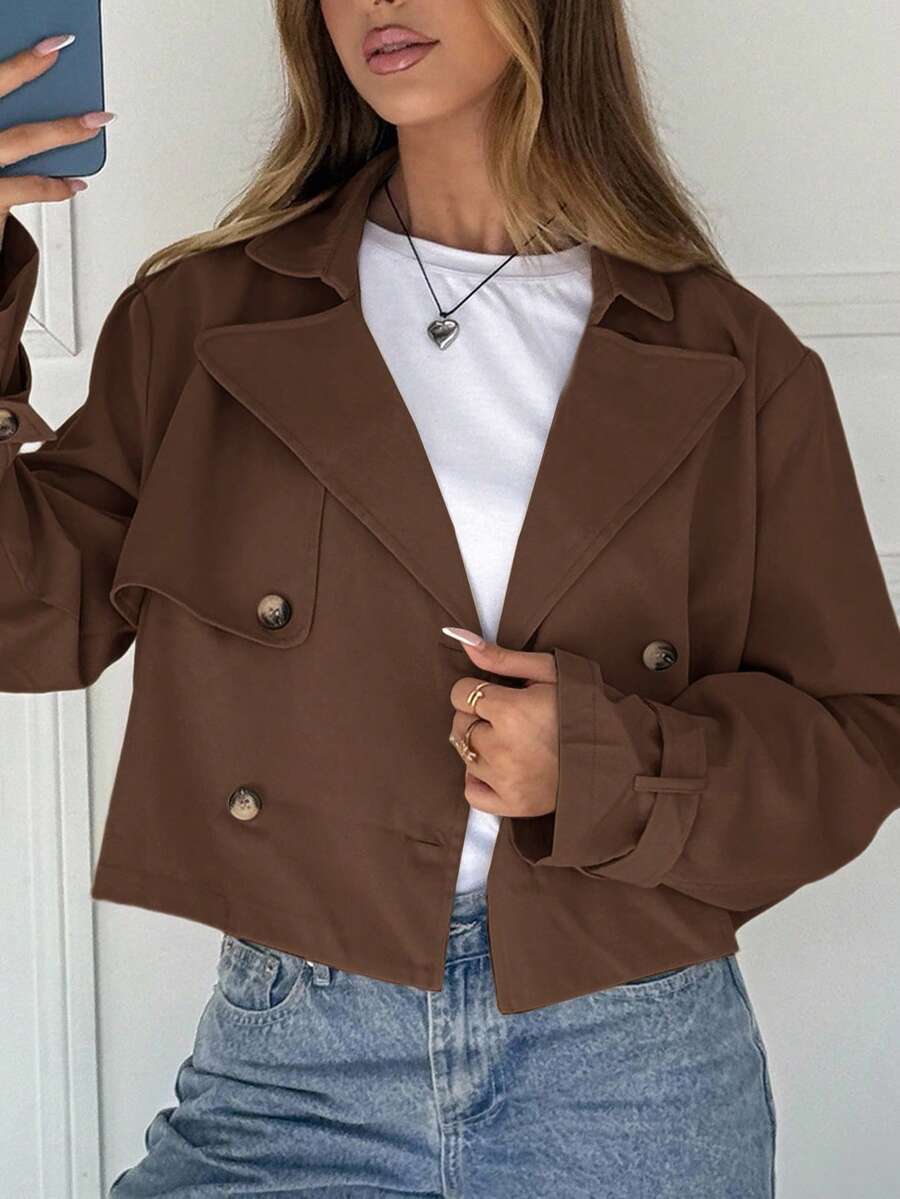 SHEIN EZwear 女式休闲纯色双排扣短款夹克,秋季 - 鏽棕色 - 查看 1
