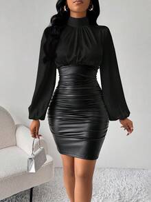 SHEIN Lady 女士优雅 PU 补丁褶皱迷你连衣裙拼色拼接宽松长袖连衣裙白色缎面 PU 和黑色皮革连衣裙白色性感上衣白色女士衬衫感恩节女士服装商务休闲女士优雅连衣裙黑色返校节连衣裙性感连衣裙 - 黑色 - 查看 6