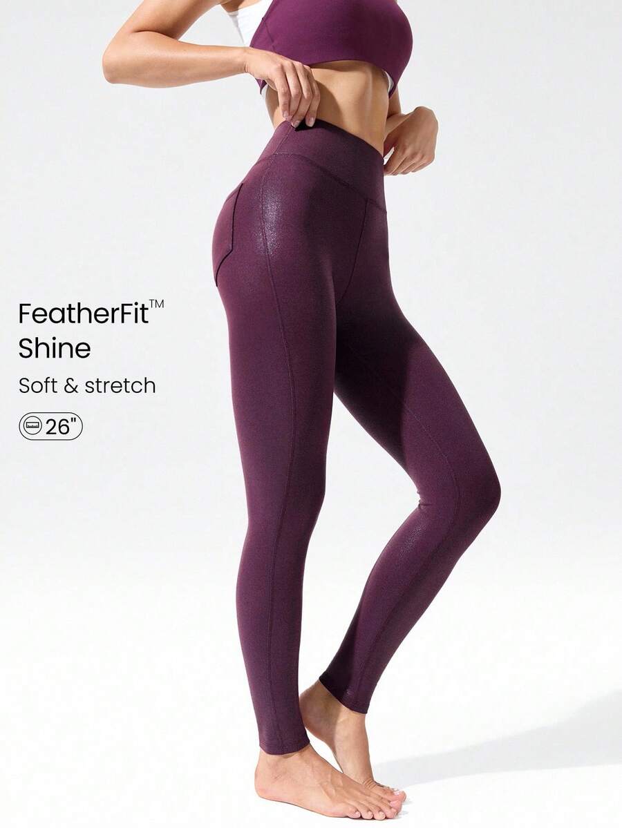 GLOWMODE 26 英寸 GlowFlex 铝箔仿皮羊毛弹力吸汗口袋中腰紧身裤，带臀部口袋，瑜伽普拉提工作室秋冬日常休闲装 - Bold Plum - 查看 1
