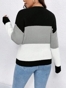 SHEIN 大码女式撞色圆领珍珠针织毛衣，冬季 - 彩色 - 查看 2