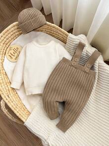 SHEIN Newborn Baby Girl Cute Versatile Knitted Bib Jumpsuit, Apricot Top & Hat Set