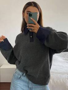 Livesso 女式秋季牛仔拼布宽松针织翻领毛衣 - 灰色 - 查看 5