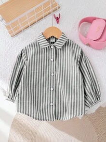 SHEIN LMoss Kids LMoss 少女宽松条纹休闲衬衫 - 黑色 - 查看 4