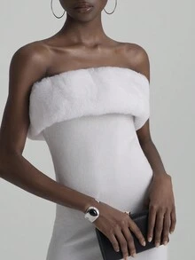Glamine Women's White Chic Summer Strapless Mini Dress,Faux Fur Collar Tight Fitting Night Out Club Bandage Tube Dress,Warm Knitted Sweater Party Wear - White - View 5