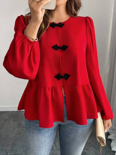 Calvaya 大码灯笼袖纽扣装饰休闲衬衫新年衣服情人节女士衬衫情人节红色新年