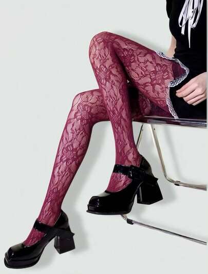 Goth Black Floral High Elasticity Fishnet Pantyhose