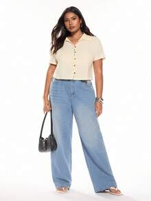 SHEIN EZwear 加大码纯色针织 T 恤，简约时尚休闲日常穿着 - 杏色 - 查看 4