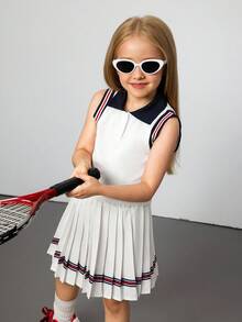 Hanevo مجموعة فتاة من ملابس علوية كنزة بياقة على شكل V مزر وتنورة قصيرة منسدلة 2 قطعة/طقم ، مناسب للمدرسة والخروجات ، لجميع المناسبات والاستخدام اليومي ، مناسب للصيف