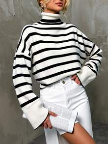 EURMUSE Striped Pattern Turtleneck Drop Shoulder Jumper - White - View 4