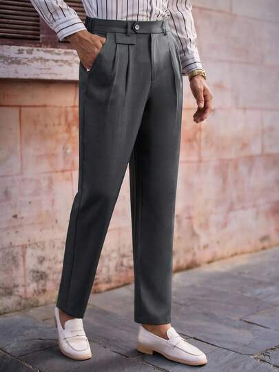 HIMLAND Men's Casual Loose Mid-Waist Solid Color Tapered Suit Pants Flannel Baggy