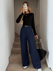 Easowa Damskie spodnie casualowe w jednolitym kolorze, plisowane, z kieszeniami, jesień/zima