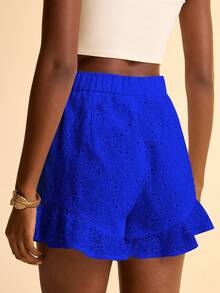 CAJUNI 波西米亚风荷叶边下摆蓝色刺绣女士休闲短裤，夏季 - 寶藍色 - 查看 2