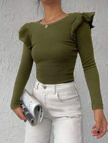 EURMUSE 95% Cotton Ribbed Knit Ruffle Trim Tee - Army Green - View 7