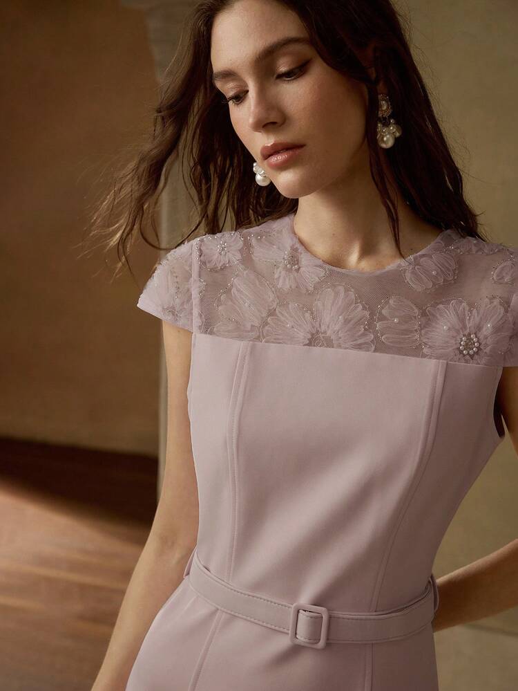 CONTRAST MESH FAUX PEARLS AND BEADED YOKE BUCKLE BELTED DRESS