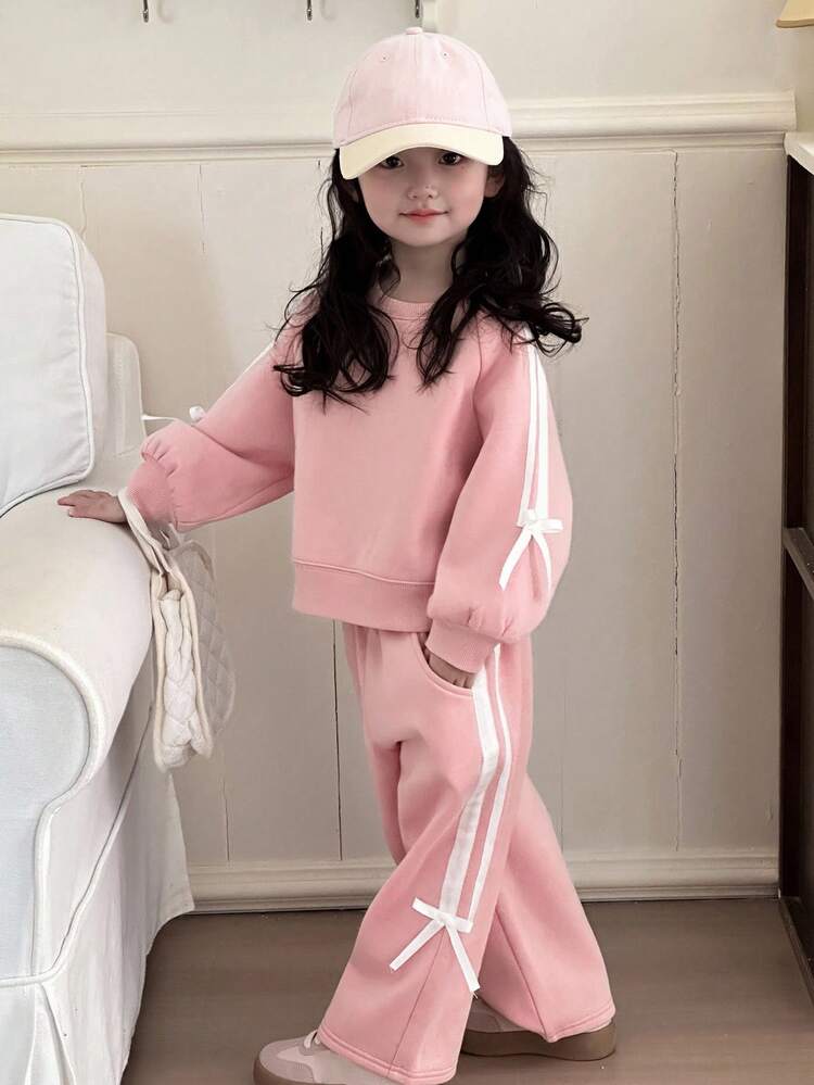 2pcs/Set Young Girls Round Neck Knit Sweatshirt Set, Fall