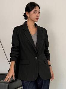 DAZY Women's Striped Lapel NeckLong Sleeve Business Casual Blazer, Autumn - Black - View 7