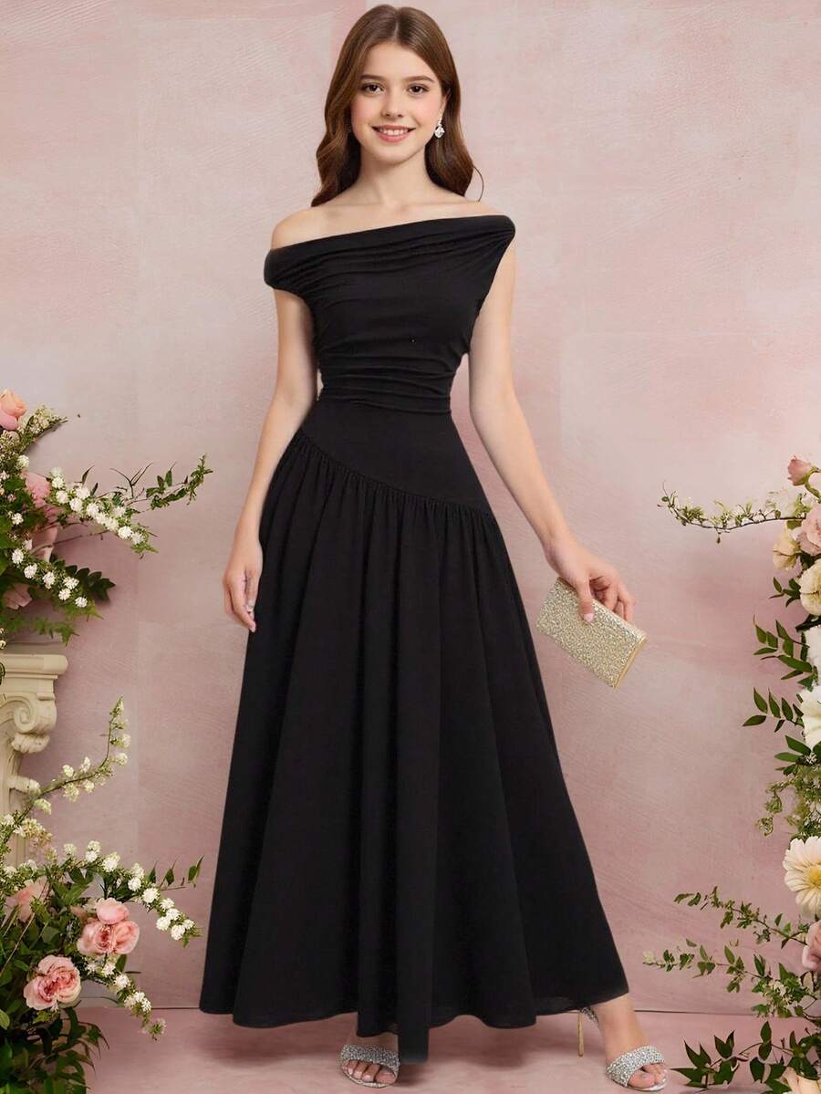 Pitira Teen Girls Black Elegant Commuter Fitted Long Dress With Neckline Pleats, Sleeveless, Suitable For Summer And Spring Fall Winter - Black - View 1