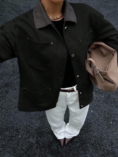 Siren Gaze 2025 秋季新款女士灯芯绒翻领大衣，商务休闲办公装，优雅教师日常街头风，秋季必备时尚单品，女士休闲外套，优雅休闲工作装，女士短款工作外套，冬季黑色