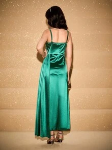 优雅奢华时尚 V 领露肩腰部合身开衩设计缎面光泽面料连衣裙，带丝带设计，高端毕业舞会、圣诞派对礼服，适合少女 - 綠色 - 查看 2