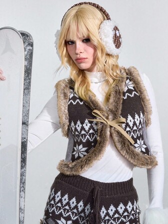 ROMWE Avant Maglione da donna in stile retrò casual, con motivo geometrico, laccio frontale, patch e bordo in pelliccia, adatto per l'autunno/inverno