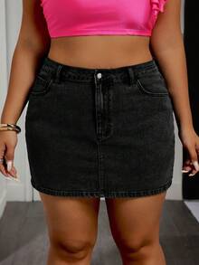 Slaydiva Plus Size Casual Washed Denim Skirt With Bow Decor - Black - View 3