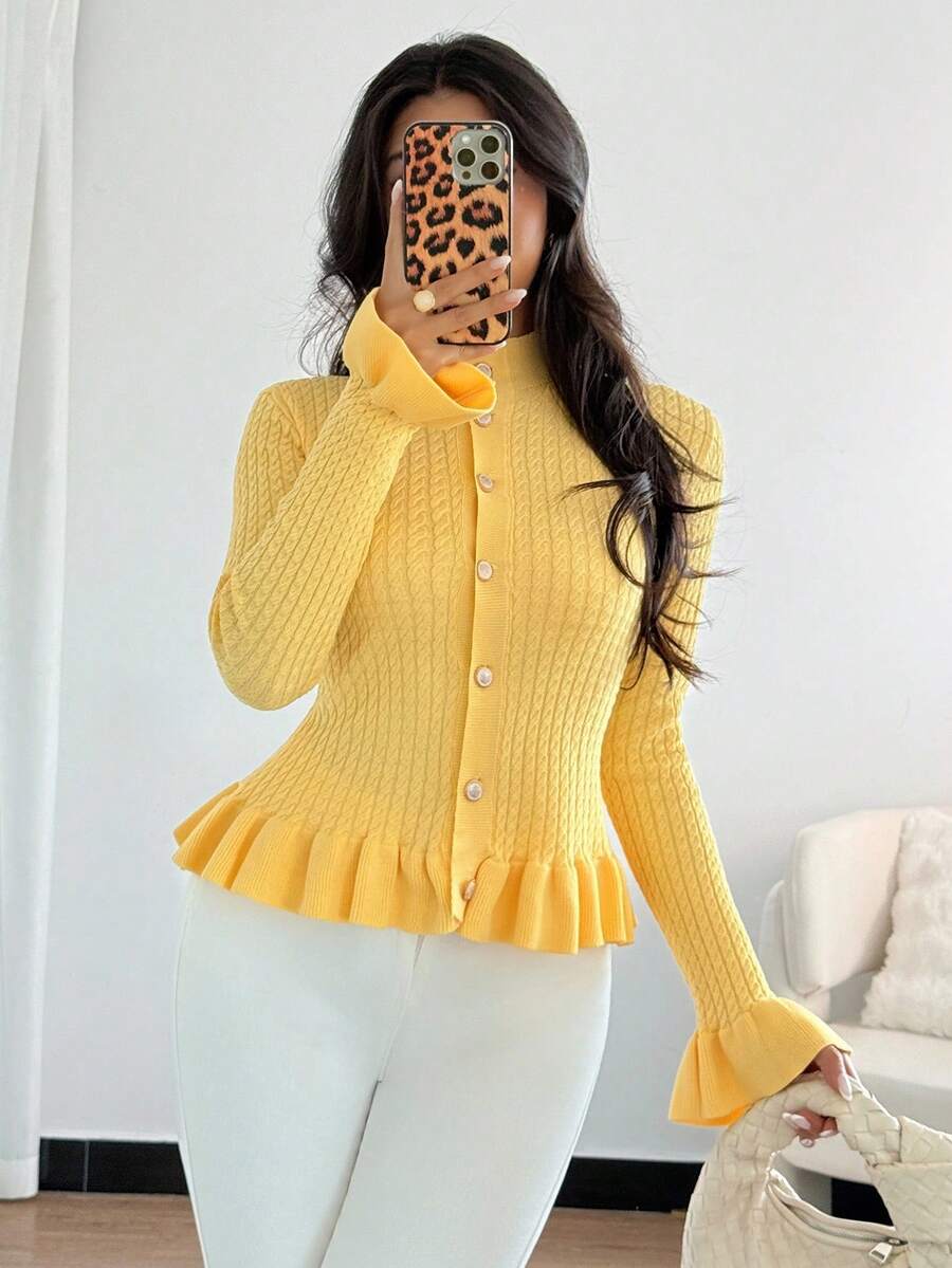Rafferiza Women's Soft Yellow Cardigan,Autumn Elegant Tea Party Turtleneck Long Sleeve Ruffle Trim Fitted Button-Front Casual Commuting Business Office Daily