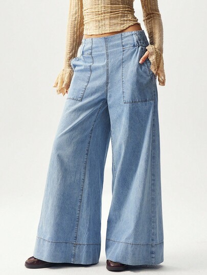 Bohemela Pantalones anchos y sueltos de mezclilla tejida de unicolor casual