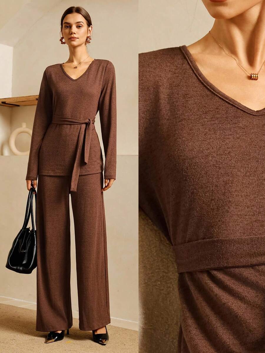 SHEIN Unity Damen braunes, lässiges, elegantes, weiches Fleece 2-teiliges Set Co-Ords, Neuheit für Herbst/Winter Frauen Neujahr Weihnachten Ausgehen Party Pendeln Anlass