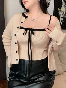 Dazy Plus 2pcs Contrast Color Patchwork Cardigan Elegant Short Knit Sweater Set, Autumn/Winter