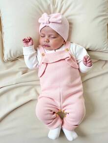 SHEIN 时尚粉色婴儿毛衣连体衣，带荷叶边装饰吊带裤，女童甜美背带裤 - 粉色 - 查看 3