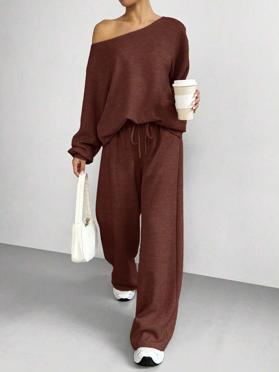SHEIN EZwear Ensemble Top et pantalon décontracté unicolore pour femmes - Acajou - Voir 1