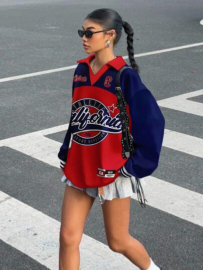 Muchica 女士休闲字母图案撞色 Polo 领长袖宽松 T 恤，适合秋冬季