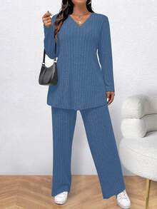 EMERY ROSE 大码女式 V 领长袖罗纹 T 恤和裤子休闲两件套 - 寶藍色 - 查看 4