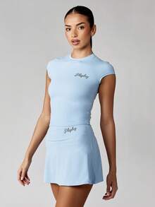 Missguided x Playboy Logo Cap Sleeve Fitted Crop TopAthletic Summer Tennis Workout Women Powder Baby Blue Yoga Fashion - Blue - View 1