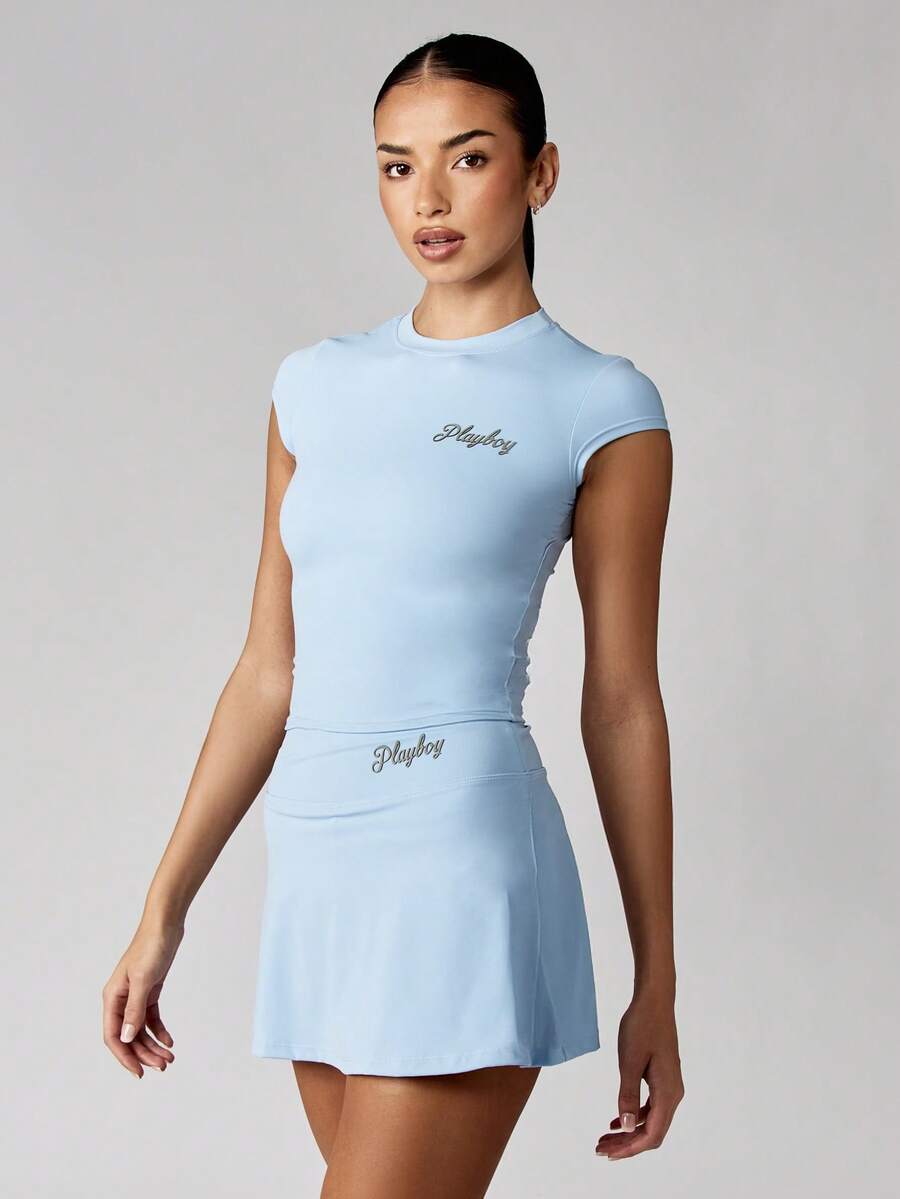 Missguided x Playboy Logo Cap Sleeve Fitted Crop TopAthletic Summer Tennis Workout Women Powder Baby Blue Yoga Fashion - Blue - View 1