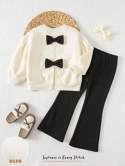 Cozy Pixies Set de 2 piezas con sudadera de cuello redondo de manga larga con bloqueo de color y decoración de lazo, y pantalones acampanados de cintura elástica para niña