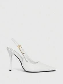 CUCCOO SZL Giày cao gót mũi nhọn hở gót màu trơn dành cho nữ, thích hợp cho dịp Giáng sinh. - trắng - Xem 3