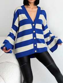 EURMUSE Women's Contrast Color Stripe Oversized Open Front Knit Cardigan - Multicolor - View 4
