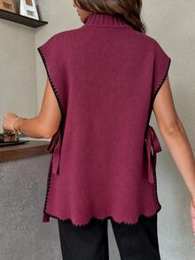 SHEIN Áo len dệt kim cổ đứng viền hoa mùa thu/đông cho bà bầu, buộc bên hông, thường ngày - Màu đỏ tím - Xem 2
