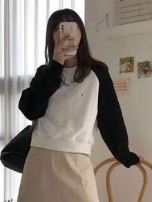 DAZY Áo nỉ cổ tròn tay raglan màu tương phản thường ngày dành cho nữ, quần áo mùa thu - Màu xanh hải quân - Xem 4