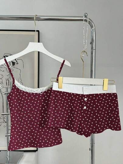 INAWLY Women Lace Trim Sleeveless Allover Print Tank Top + Shorts Set, Casual Summer