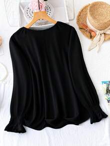 SHEIN CURVE+ Plus Size Women Round Neck Long Sleeve Top, Minimalist Solid Color Casual Blouse Suitable For Daily Commute